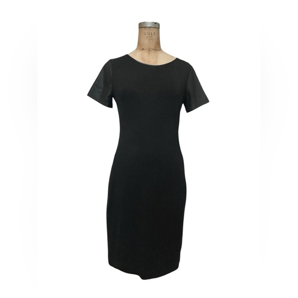 Theory Leilana Short Sleeve Stretch Body Dress Black Leather Trim/Sleeves Size 8 - Picture 5 of 11